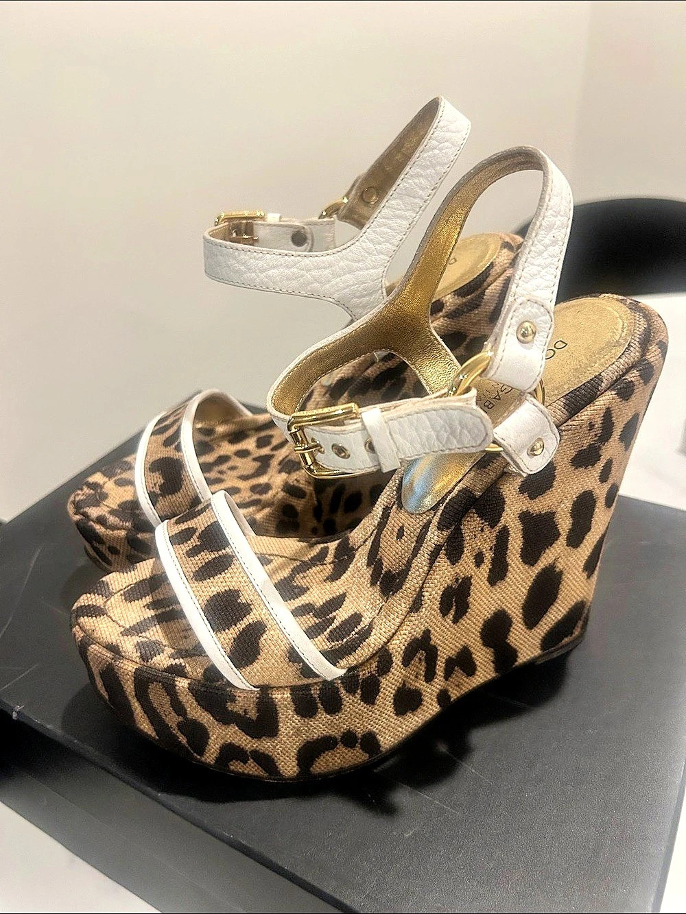 Dolce & Gabbana Leopard Print Canvas and White Leather Wedge Sandals Wedge
